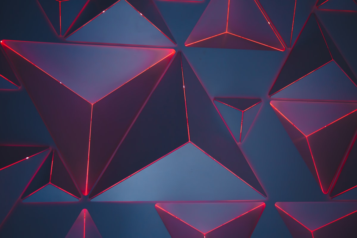 Dark abstract geometric staircase architecture, intense brutalist design, red glowing shadow effect, high contrast premium aesthetic, no people